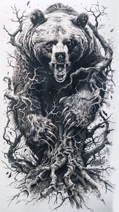 Bear And Skull Tattoo, Black Bear Tattoo, Grizzly Bear Tattoos, Bear Tattoo Designs, Animal Sleeve Tattoo, Wolf Tattoo Sleeve, Bear Artwork, Bear Tattoos, Bear Tattoo