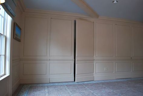 Wainscoting Raised Panel Walls With Hidden Door Raised Panel Walls, Craftsman Wainscoting, Wainscoting Nursery, Picture Frame Wainscoting, Wainscoting Hallway, Black Wainscoting, Wainscoting Stairs, Wainscoting Kitchen, Hidden Closet