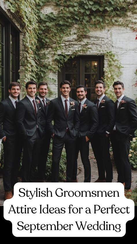 A group of groomsmen wearing stylish suits for a September wedding, showcasing a mix of classic and modern attire ideas. Best Groomsmen Outfits, Fall Wedding Party Attire Groomsmen, Grooms Party Attire, Groomsmen Suit Ideas, Colorful Groomsmen Attire, Wedding Groomsmen Attire Grey, Fall Wedding Groomsmen Attire, Groomsmen Attire Ideas, Suit And Boots