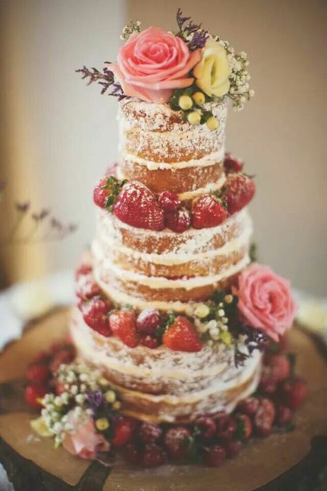 Seasonal fruit and flowers adorn this naked wedding cake. Mrs. Patmore and Daisy would love to make this for any of the Downton Abbey ladies. | Masterpiece PBS French Wedding Decor, Naked Cakes, Rustic Wedding Cake, Wedding Cake Decorations, Wedding Dessert, Wedding Cake Inspiration, French Wedding, Wedding Cake Ideas