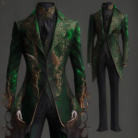 Faerie Clothes Men, Black And Green Suit Men Prom, Royal Elf Clothes Male, Enchanted Forest Male Outfit, Green And Gold Wedding Suit, Green Royal Outfits Male, Enchanted Forest Prom Outfit Men, Dark Green And Black Suit, Enchanted Forest Prom Suit