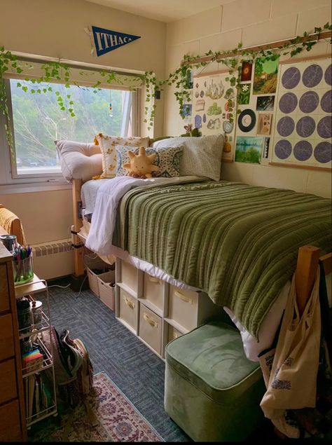 Simple Aesthetic Dorm Room, Weird Corner In Bedroom, Beachy Dorm Room Aesthetic, Stony Brook University Dorms, Dorm Room Desk Setup, Fun Dorm Ideas, Green And Brown Dorm Room, Dorm Room Inspiration Lofted Bed, Purple Dorm Room Ideas Color Schemes