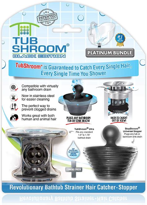 TubShroom Tub Drain Hair Catcher Combo Pack with Silicone Stopper, Black Chrome – Drain Protector and Hair Catcher for Bathroom Drains, Fits 1.5” – 1.75” Bathtub and Shower Drains Clean Clogged Drain, Drain Hair Catcher, Toilet Drain, Drain Cleaners, Hair Catcher, Bathroom Drain, Bathroom Sink Drain, Plumbing Drains, Bathtub Drain