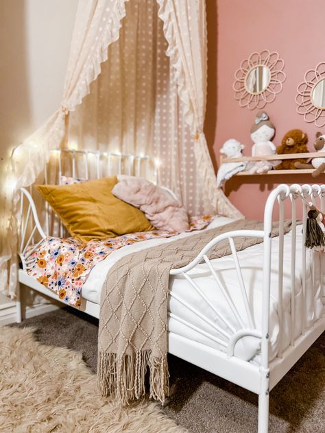 Shoo this room! The perfect toddler bed from ikea and accessorized with my favorites from Target. Toddler mom | Toddler Room | Floral Nursery | Boho Nursery | Ikea Bed | Ikea Kid | Toddler bed | Big girl room | Girl Room Inspo Ikea Bed Minnen, Toddler Room Full Size Bed, Girl Toddler Bedding, Ikea Twin Beds Shared Room, Ikea Minnen Bed Hack, Cozy Toddler Bed, Daybed Toddler Room Girl, Eclectic Toddler Girl Room, Ikea Girls Bedroom Ideas