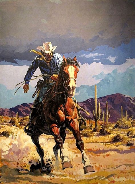 Cowboy painting by Jean Giraud a.k.a. Moebius. Cowboy Artwork, Painted Horses, Cowboy Pictures, Jean Giraud, Western Artwork, Western Comics, Western Paintings, The Lone Ranger, West Art