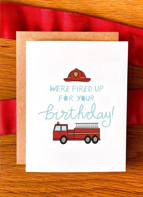 Car Birthday Cards, Fireman Cards Handmade, Fire Safety Thank You Card, Handlettering Happy Birthday, Fire Truck Birthday Cards, Firetruck Party Invitations, Fire Fighter Invitations, Fire Truck Craft, Fireman Birthday