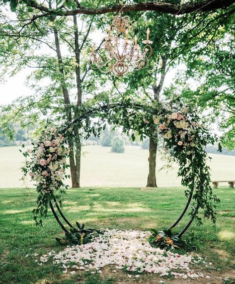 Moongate with chandelier Moongate Arch Wedding, Moon Arbor Wedding, Moon Arch Wedding Flowers, Wisteria Wedding Arch Hanging Flowers, Half Moon Floral Arch, Floral Moongate, Moon Gates, Moon Gate, Garden Party Wedding