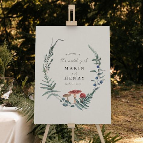 Woodland Fern Forest Red Mushroom Wedding Welcome for $57.45 - Wedding Thank You Card Wedding Mushroom, Wedding Motif Ideas, Forest Bridal Shower, Fairytale Cottagecore, Mushroom Wedding, Wedding Welcome Signage, Wedding Signs Welcome, Wedding Foam Board, Woodland Theme Wedding