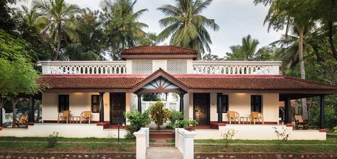 Experience the warmth of traditional Tamil homes in our Mantra Cottage, equipped with a front verandah that is perfect for relaxing in the evening breeze. Colonial Style Kerala House, Tamil House Design, Kerala Houses Traditional, Tamil House, Tamil Home, Traditional Tamil House, Vettukallu House Kerala, Small House Model, Classic House Interior Design