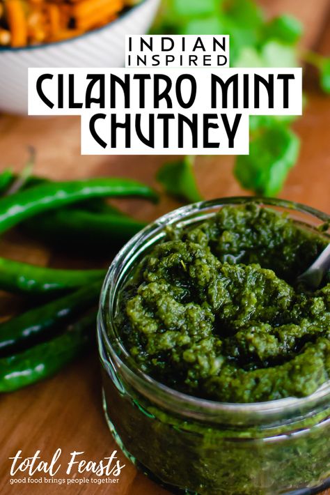 Add a new twist on your curry with this spicy cilantro mint chutney recipe. This Indian inspired chutney adds a fresh burst of cool heat to your curries, sandwiches and dips. #indian #curry #chutney #quickchutney Indian Mint Chutney, Pesto Ideas, Mint Chutney Recipe, Herb Ideas, Vegetarian Sauces, Baked Chicken Strips, Full Meals, Cilantro Chutney, Pickle Recipes