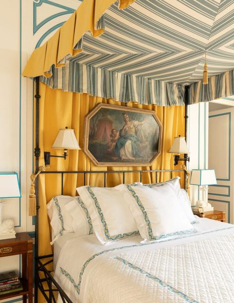 Slik Beds, Tented Ceiling Bedroom, Tented Bedroom Ceiling, French Castle Bedroom, French Chateau Bed, Tent Room, Samuel And Sons, Opulent Interiors, Roman Architecture