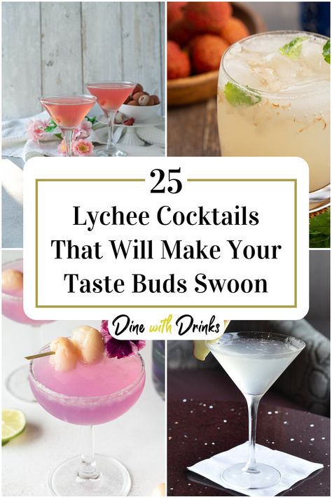 Collage of 4 lychee cocktails. Lychee Lavender Cocktail, Lychee Drinks Cocktails, Lychee Juice Recipe, Lychee Syrup Cocktails, Lychee Soju Cocktail, Lychee Alcohol Drinks, Lychee Gin Cocktail, Lychee Vodka Cocktail, Lychee Tequila Cocktail