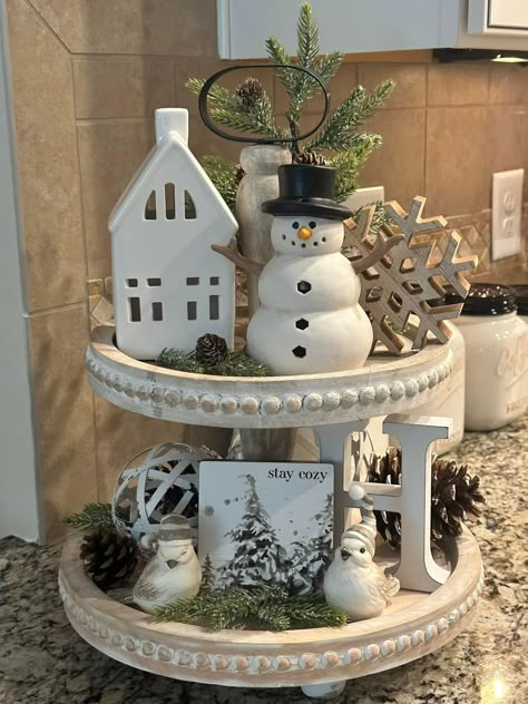 Winter Tiered Tray Ideas, Winter Tray, After Christmas Decor, Tiered Tray Christmas, Winter Tiered Tray Decor, Christmas Staircase Decor, Christmas Staircase, Tray Decor Christmas, Tiered Tray Ideas