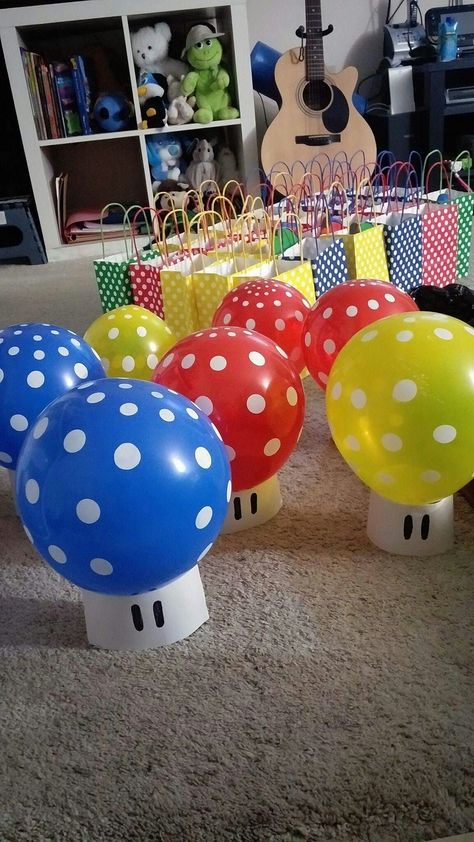 Mario Bros First Birthday, Super Mario Bros Party Ideas Outdoor, Super Mario Bros Balloons, Mario Birthday Party Ideas Decorations, Super Mario First Birthday, Mario Theme Decor, Easy Mario Decorations, Easy Super Mario Crafts, Super Mario Bros Party Centerpieces