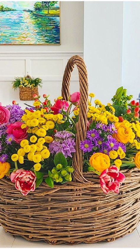 asimplystylednest on Instagram: 🌼Spring Fresh Floral Basket🌼 . I couldn't think of a better way to begin the month of April than with a big basket full color! I found this… Fever Few, Double Peony, Twig Basket, Basket Flower Arrangements, Pink Ranunculus, Spring Basket, Big Basket, Spring Floral Arrangements, Month Of April