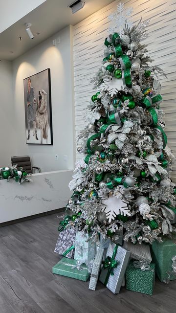 Green Christmas Themes Ideas For Home, Emerald Green And Silver Christmas Tree, Green White Silver Christmas Tree, Christmas Tree White And Green, Green Gold And Silver Christmas Tree, White Tree Green Ornaments, White Christmas Tree With Green Decor, Green White Christmas Decor, Green Christmas Tree Decor Ideas