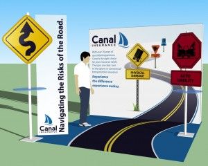 Exhibit theme for Canal Insurance: "Navigating the Risks of the Road" (be sure to click the link to read about how the theme was carried out in more ways than just the display) Display Banners, Tradeshow Booth, Sports Day, Sign Display, Road Signs, Trade Show, The Road, To Read, Insurance