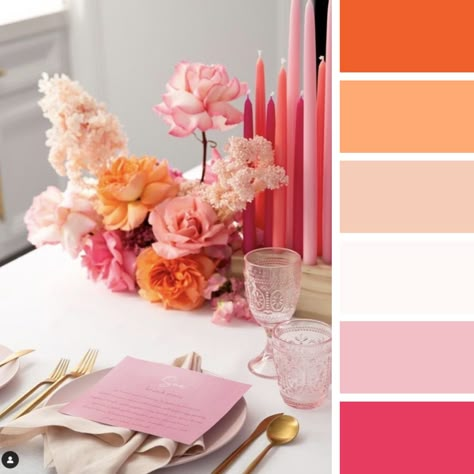 Mexico Wedding Decor Ideas, Blush Pink And Orange Wedding, Light Pink And Orange Wedding, Pinks Oranges Wedding, Pastel Pink And Orange Wedding, Pink Gold Wedding, Pink Orange Color Palette, Orange Pink Cream Wedding, Orange And Pink Table Decor