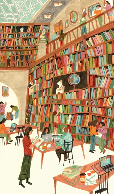 Miroslav Sasek’s This Is… Art Studio Illustration, Marketplace Illustration, School Illustration Art, Busy Illustration, Reading Book Illustration, Miroslav Sasek, London Library, Library Illustration, Library Artwork