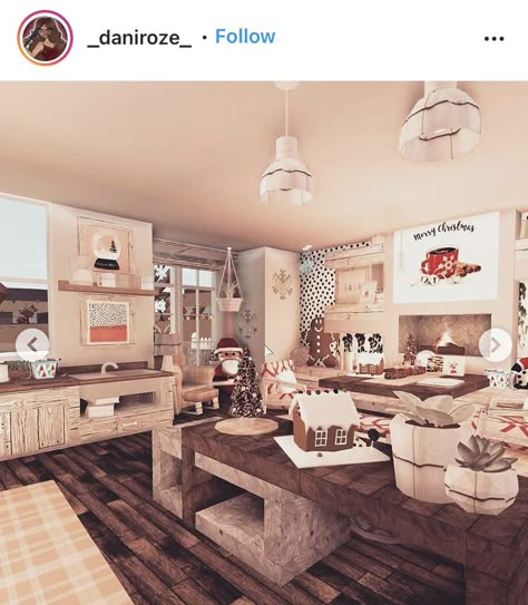 Bloxburg Kitchen Ideas Aesthetic Christmas, Bloxburg Christmas Decor, Christmas Bloxburg Room Ideas, Bloxburg Christmas Kitchen, Bloxburg Christmas, Bloxburg House Ideas Christmas, Bloxburg Interior, Winter House Exterior, Bloxburg Hacks