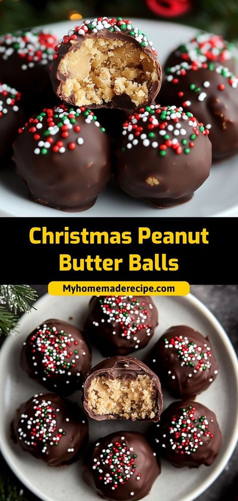 These Christmas peanut butter balls are creamy, rich, and coated in chocolate. A holiday classic that’s easy to make! Ingredients: 1 cup peanut butter ½ cup powdered sugar 1 cup chocolate chips, melted Festive sprinkles for garnish Serve these peanut butter balls as a sweet, no-bake Christmas treat Peanut Christmas Candy, Christmas Peanut Butter Truffles, Truffle Ball Recipes, Peanut Butter Balls Pioneer Woman, What To Make With Chocolate Almond Bark, Peanut Butter Christmas Tree, Peanut Butter Trees, Chocolate Covered Holiday Treats, Holiday Treats To Make With Kids