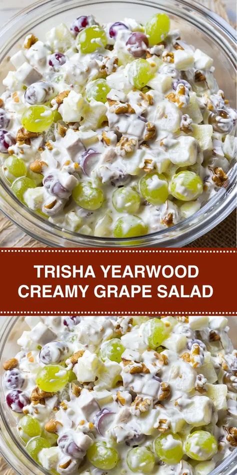 Try Trisha Yearwood's Creamy Grape Salad Recipe! This delicious and easy-to-make salad combines fresh green and purple grapes with a rich, creamy dressing. Perfect for potlucks, picnics, or any gathering, this refreshing dish is topped with brown sugar and pecans for an extra crunch. Learn how to create this crowd-pleasing recipe at home and add a sweet and tangy twist to your meal. Fruit Salad With Creamy Dressing, Grape Dessert Salad, Grape Snicker Salad, Trisha Yearwood Grape Salad Recipe, Side Dish For Picnic Potluck Recipes, Fruit Salad With Grapes, Trisha Yearwood Grape Salad, Best Grape Salad Recipe, Grape Fruit Salad