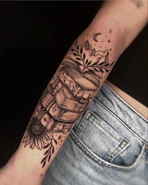 Reading Tattoo Sleeve, Creative Tattoo Sleeves For Women, Self Growth Sleeve Tattoo Ideas, Unique Forearm Tattoos Creative, Book Half Sleeve Tattoos For Women, Books And Nature Tattoo, Books Coffee Tattoo, Library Sleeve Tattoo, Book Forearm Tattoo Women