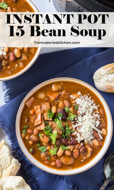 Dried beans are cooked to tender perfection without any pre-soaking in this deliciously seasoned Instant Pot 15 Bean Soup. Old fashioned comfort food at its best! #instantpot #soup #beans #beansoup #ham #healthyrecipes 15 Beans In Instant Pot, 10 Bean Soup Instant Pot, Bean Soup In Instant Pot, 15 Bean Soup Instant Pot Vegan, 15 Bean Soup With Sausage Instant Pot, 15 Bean Soup Recipes Instant Pot, Insta Pot 15 Bean Soup, Many Bean Soup, 13 Bean Soup Instant Pot