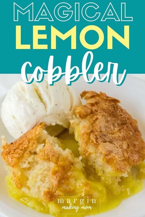 This easy lemon cobbler is a simple dessert made with lemon pie filling! Similar to a dump cake, it's perfect served warm with whipped cream or vanilla ice cream! Magic Lemon Cobbler Recipe, Magic Lemon Cobbler, Lemon Desserts Healthy, Lemon Dessert Recipes Easy, Pie Filling Desserts, Lemon Desserts Easy, Pumpkin Cobbler, Lemon Pie Filling, Pie Filling Recipes