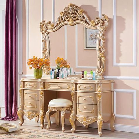 Modern Bedroom Dresser, French Dressing Table, Wooden Dressing Table, Modern Bedroom Dressers, Luxury Vanity, Modern Style Bedroom, Indian Home Design, Dressing Table Design, French Dressing