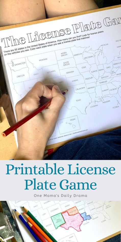 Download a license plate printable game to play on your next road trip. Kids can color the states as you spot them out the car windows on this labeled US 50 states map. Download at One Mama's Dailly Drama. Road Trip License Plate Printable, License Plate Game Printable, 50 States Map, Road Trip Kids, License Plate Game, Daily Drama, Summer Boredom Busters, Easy Kid Activities, Boredom Busters For Kids