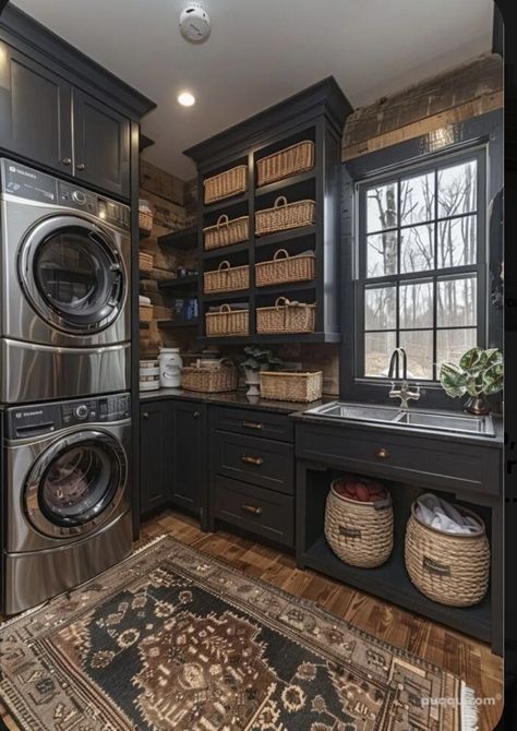 Rustic Home Theater, Laundry In Pantry, Butlers Pantry Laundry Room Combo, Laundry Room Dark, Cool House Features, Pantry Laundry Room Combo, Rustic Laundry Rooms, Pantry Laundry Room, Dream Laundry Room