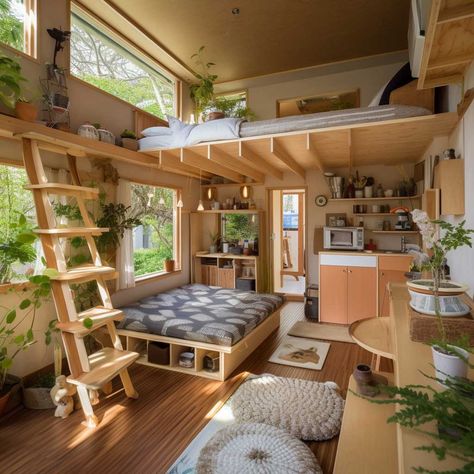 Japanese Style Room Aesthetic, Tiny House Trailer Design, Japan Small House Design, Japanese Tiny Home Design, Japanese Style Small House, Muji Tiny House, Small Japanese House Layout, Boho Tiny House Exterior, Tony House Interior Design