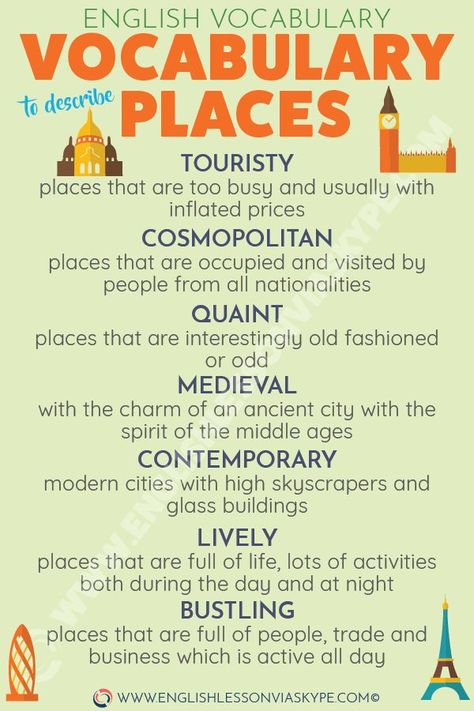 English Adjectives to describe places. Intermediate level English vocabulary. #learnenglish #englishlessons #englishteacher #ingles #aprenderingles #englishlanguage #vocabulary Words To Describe Places, Adjectives To Describe Places, Teach English Online, English Adjectives, Teaching English Grammar, Conversational English, English Vocab, Teach English, Good Vocabulary Words