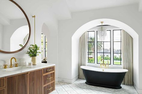 Tour a transitional Southern California home with charming French style French Transitional Home, French Transitional, Brooke Wagner Design, Brooke Wagner, Custom Front Doors, French Oak Flooring, Vintage Tub, French Style Homes, Bathtub Design