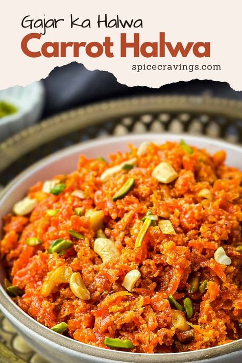 An authentic recipe for Gajar Halwa or Carrot Halwa, a popular Indian dessert made by cooking grated carrots with milk, ghee, sugar and cardamom. #carrothalwa #gajarhalwa #indiandesserts Gajjar Halwa Recipe, Gajar Halwa Recipe, Carrot Halwa Recipe, Gajar Halwa, British Bake Off Recipes, Carrot Halwa, Ramadan Desserts, Bake Off Recipes, Halwa Recipe