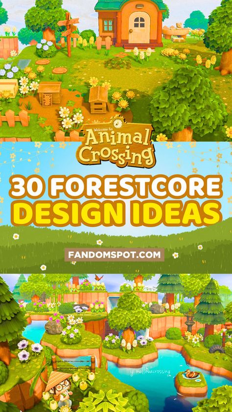 Build out the forestcore island of your dream with these adorable ACNH build ideas. Peep our full inspiration gallery for unique ideas for your villager's home, yard, and overall island design. Animal Crossing Simple Island Layout, Acnh Island Designs Terraforming, Small Filler Areas Acnh, Animal Crossing Design Ideas Island, Acnh Island Color Scheme, Acnh Core Themes, Acnh Bookshelf Design, Villager Yards Acnh, Acnh Cliff Design