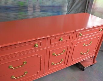 Lacquered furniture | Etsy Faux Bamboo Dresser, Bamboo Dresser, Campaign Dresser, Lacquer Furniture, Sherwin Williams Colors, Benjamin Moore Colors, Girl’s Room, Red Lacquer, Bedroom Furniture Dresser