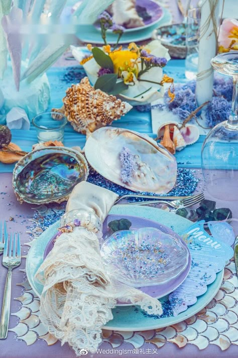 Mermaid Tablescape, Under The Sea Table Decorations, Mermaid Table Decor, Mermaid Dinner Party, Under The Sea Wedding Theme, Mermaid Picnic, Summer Sweet 16, Mermaid Table Decorations, Pisces Party