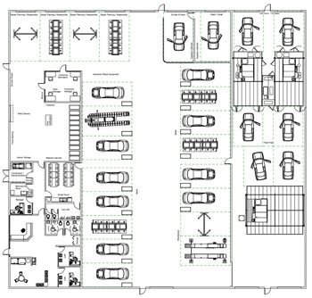 This design was for the smaller of two facilities a shop owner was building. It may not be ideal for every shop, but in this case, it met the shop owner's requirements. Auto Workshop Design, Car Workshop Design Layout, Car Shop Design, Car Workshop Design, Paint Area, Small Woodworking Shop Ideas, Auto Service Center, Car Showroom Design, Repair Quote