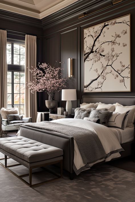 Bedroom Inspirations Master Sophisticated, Modern Classic Home Interiors, Dark Serene Bedroom, Beautiful Master Suites, Luxury Bedroom Ideas Modern Elegant, Meteranian Home Decor, Masterbed Room Modern, Luxe Master Bedrooms Decor, Glam Moody Bedroom