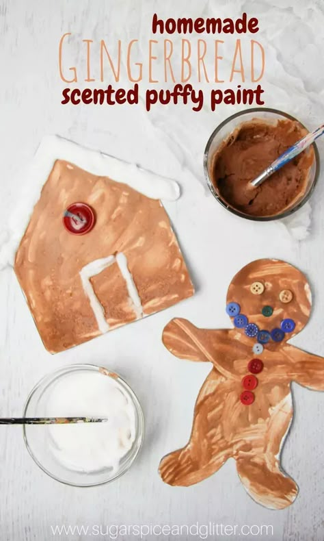 Gingerbread Puffy Paint, a delicious-smelling winter sensory art experience. Sensory play mixed with winter crafts - what could be better? Gingerbread Man Preschool, Winter Sensory, Gingerbread Man Crafts, Popsicle Stick Christmas Crafts, Gingerbread Man Activities, Gingerbread Activities, Fun Winter Crafts, How To Make Gingerbread, Winter Diy Crafts