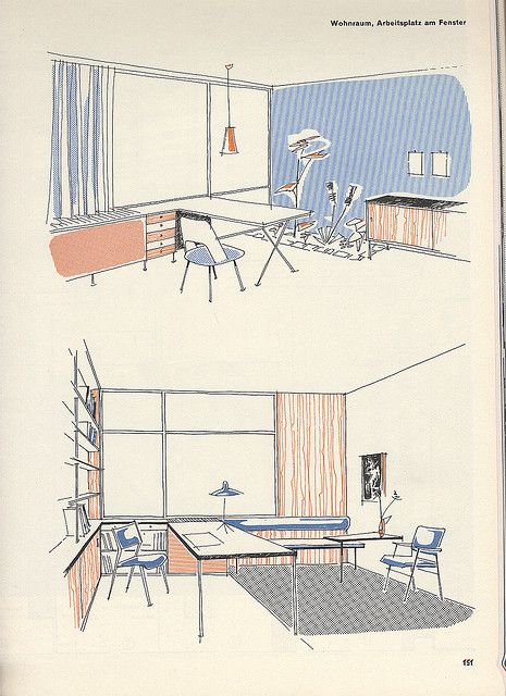 from a 50s AIT [Interiour] magazine Illustrator Magazine Design, Room Drawings Sketches Interior Design, Room Drawing Ideas, 50s Magazine, Interior Design Presentation, Drawing Sheet, Interior Design Sketches, Architecture Graphics, Interior Sketch