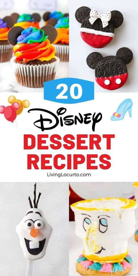 Best Disney themed desserts for a Disney party! Mickey and Minnie Mouse, Frozen, Star Wars, Beauty and the Beast themes and more! Easy homemade cakes, cookies and no-bake recipes to try! Find more at LivingLocurto.com Disney Baking Ideas, Disney Themed Desserts Treats, Easy Disney Desserts, Disney Cupcakes Ideas Easy, Disney Theme Treats, Disney Inspired Cakes, Disney Treats Recipes, Disney Theme Desserts, Disney Character Cupcakes