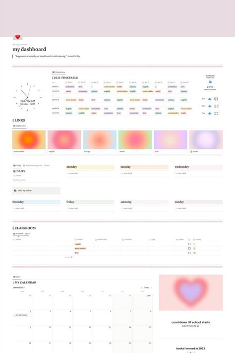 Aesthetic Notion School, Notion Template Ideas Personal, Dashboard Aesthetic, Notion Study Planner, Notion Weekly Planner, Pink Notion Template, Notion School, Notion Study, Notion Layout