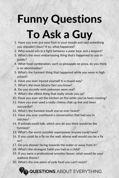 list of 20 funny questions to ask a guy Hot Questions, Funny Questions To Ask, Questions To Ask A Guy, Text Conversation Starters, Deep Conversation Topics, Questions To Get To Know Someone, Intimate Questions, 21 Questions, Questions To Ask Your Boyfriend