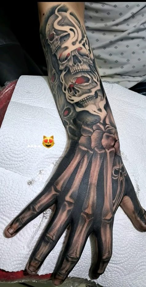 Good Starter Tattoos, Jason Hand Tattoo, Reaper Arm Tattoo, Fire Tattoo For Men, Skull Face Hand Tattoo, Big Tattoo Ideas For Men, Skeleton Head Tattoo, Quarter Sleeve Tattoo For Men Forearm, Skeleton Hand Tattoo Design