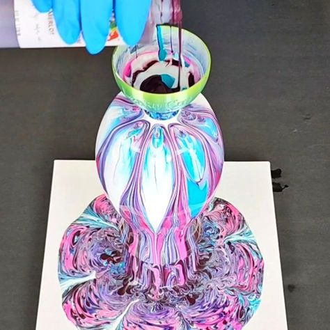 Acrylic Pour on a Vase with a Leaky Cup! | Acrylic pouring on vases is extra fun with a leaky cup from Masse Art Studio ❤️ | By Mixed Media Girl Acrylic Pouring Vase, Paint Pouring On Glass Vase, Acrylic Pour Round Table Top, Paint Pour On Glass Vase, Unicorn Spit On Glass Vase, Mixed Media Girl Acrylic Pour, Acrylic Vase, Acrylic Pouring Techniques, Painted Glasses