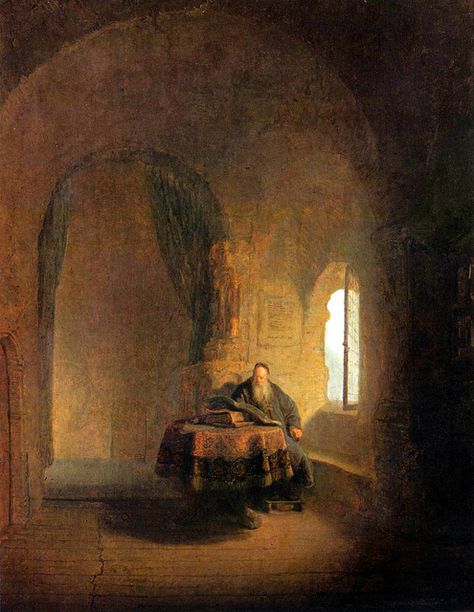 Rembrandt 'Philosopher Reading’ 1631 Oil on wood. Late work, more emphasis on architectural elements Philosopher Painting, Dnd Locations, Rembrandt Paintings, Art Baroque, Istoria Artei, Catholic Pictures, Jan Van Eyck, Twitter Posts, Rembrandt Van Rijn