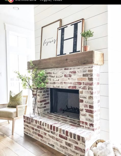 Indoor Brick Fireplace Ideas, White Living Room Brick Fireplace, Electric Fireplace Ideas With Brick, Black And White Farmhouse Fireplace, Brick Accents Interior, Brick Fireplace Remodel Farmhouse, Redoing Fireplace Ideas Brick, Shiplap Fireplace With Brick Hearth, Smeared Brick Fireplace